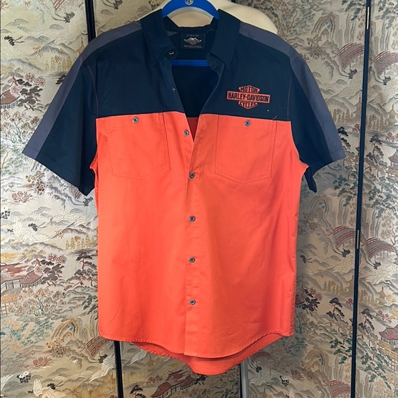 HARLEY DAVIDSON METAL BUTTON UP SHORT SLEEVE ORANGE COLOR BLOCK SHIRT SZ L - Picture 1 of 13
